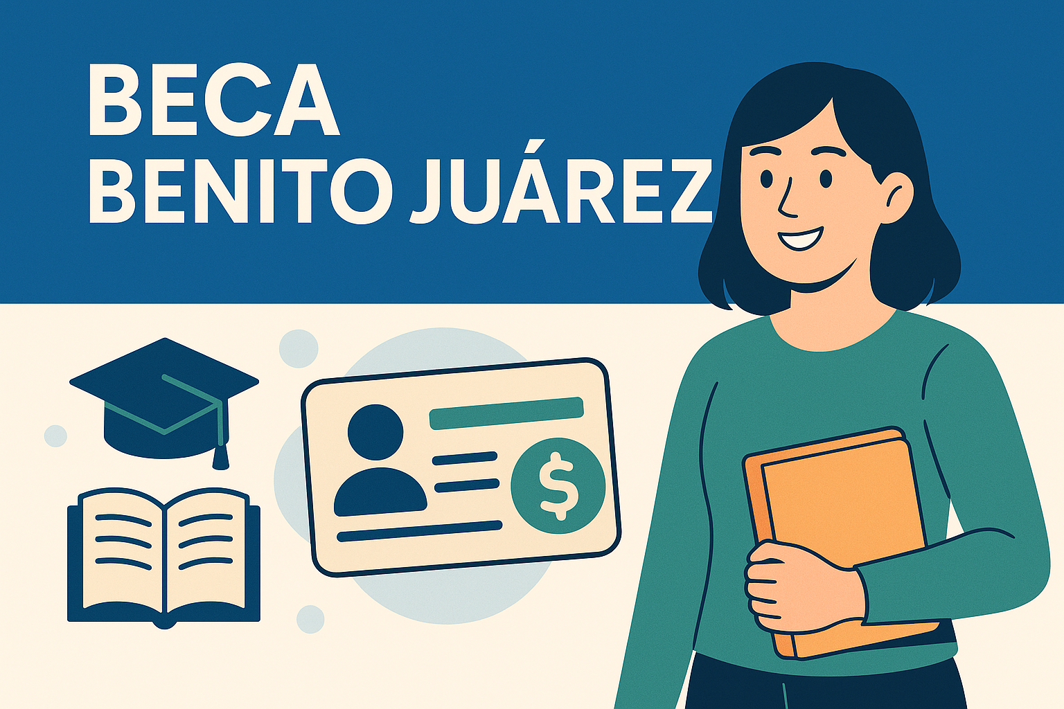 Imagen informativa sobre la Beca Benito Ju&aacute;rez con una estudiante, iconos educativos y tarjeta de apoyo econ&oacute;mico del programa en M&eacute;xico